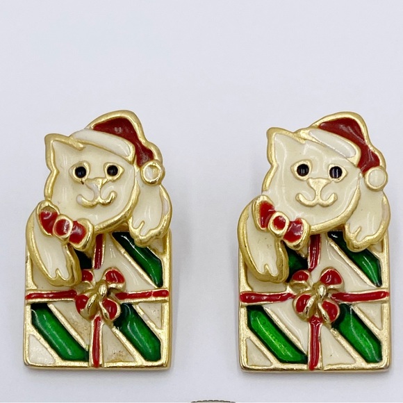 Vintage Cat Christmas Earrings kitten Present Enamel Earrings - Picture 1 of 9